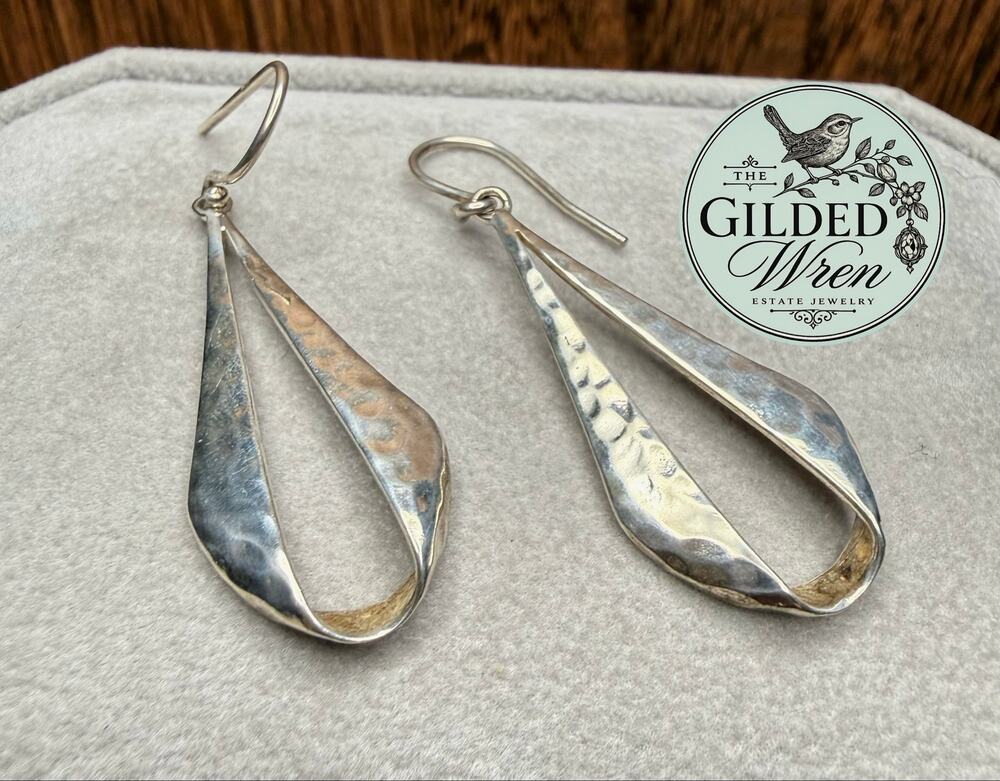 925 Sterling Silver Hammered Teardrop Ribbon Dangle Earrings 2.3” 4.54g